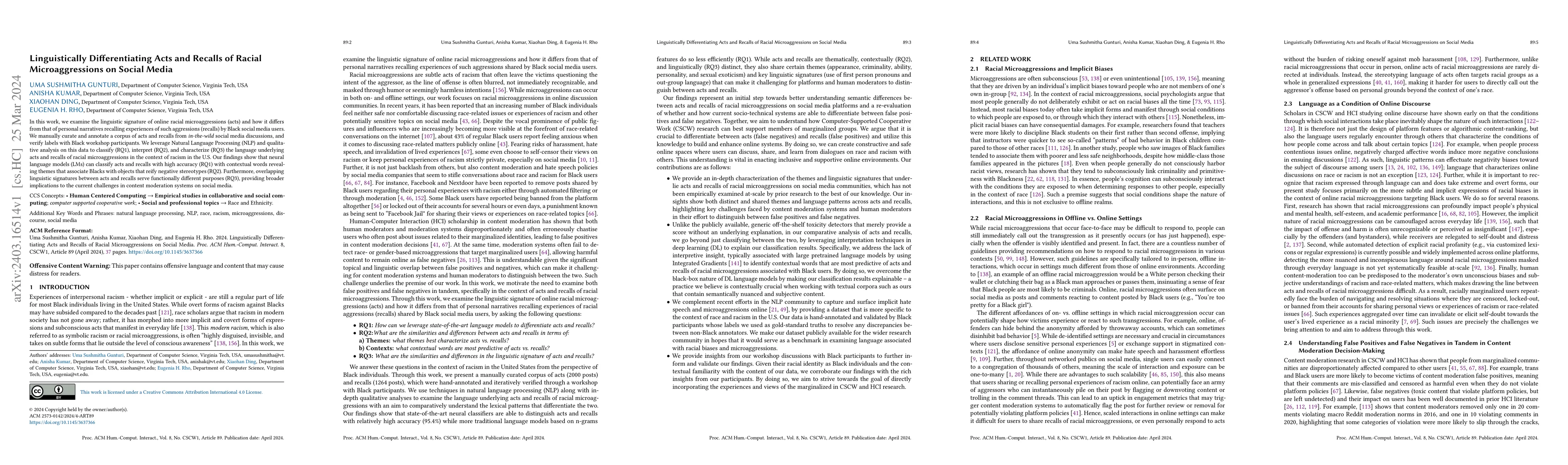 Thumbnail for Linguistically Differentiating Acts and Recalls of Racial
  Microaggressions on Social Media