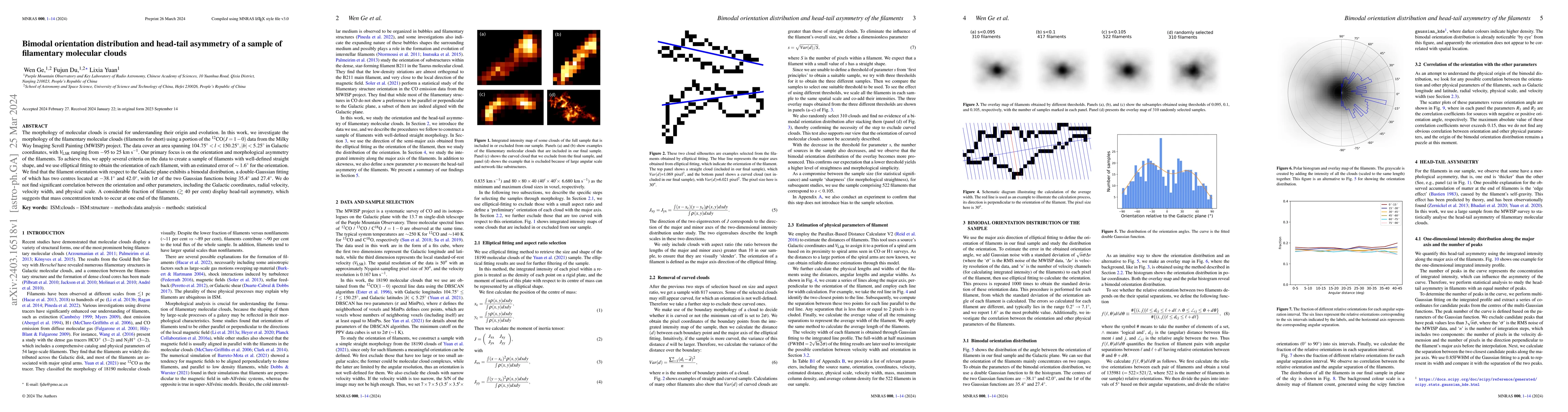 Thumbnail for Bimodal orientation distribution and head-tail asymmetry of a sample of
  filamentary molecular clouds