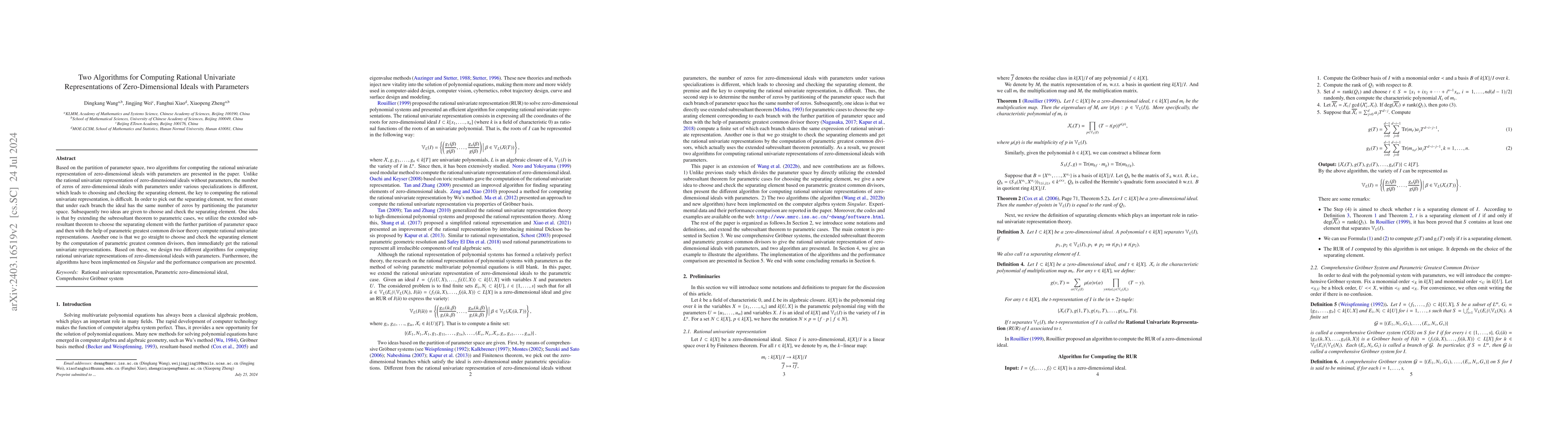 Thumbnail for Two Algorithms for Computing Rational Univariate Representations of
  Zero-Dimensional Ideals with Parameters