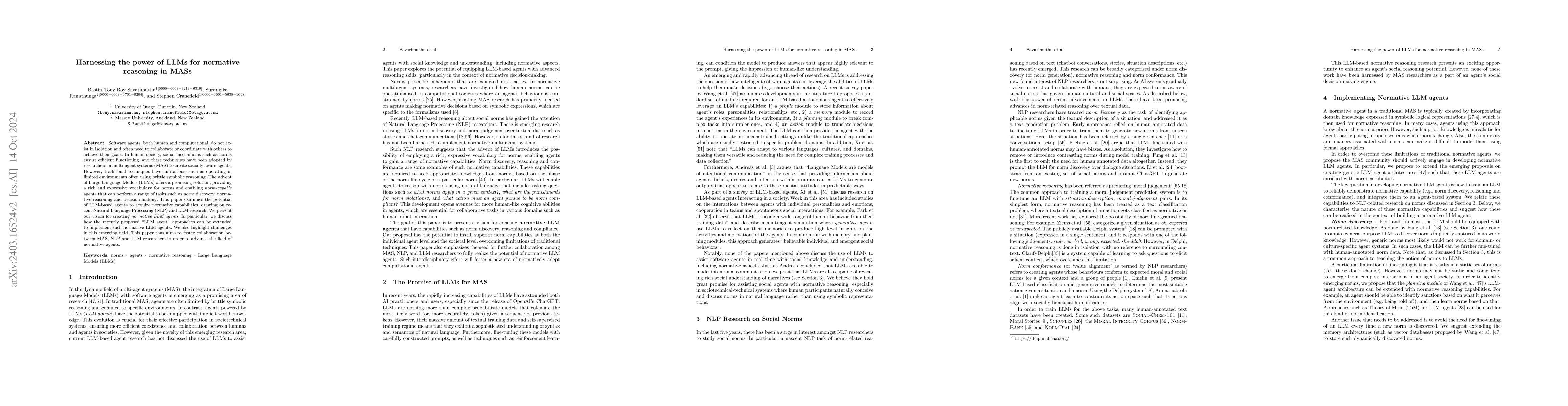 Thumbnail for Harnessing the power of LLMs for normative reasoning in MASs
