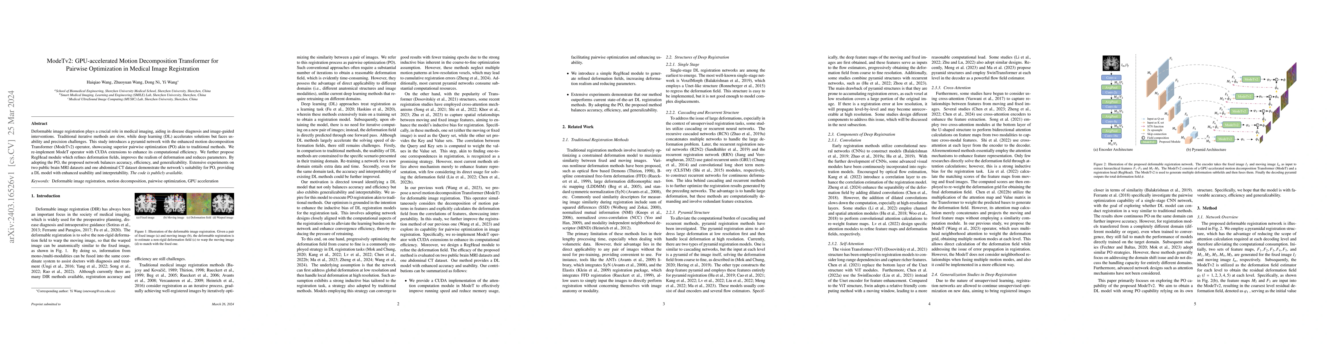 Thumbnail for ModeTv2: GPU-accelerated Motion Decomposition Transformer for Pairwise
  Optimization in Medical Image Registration