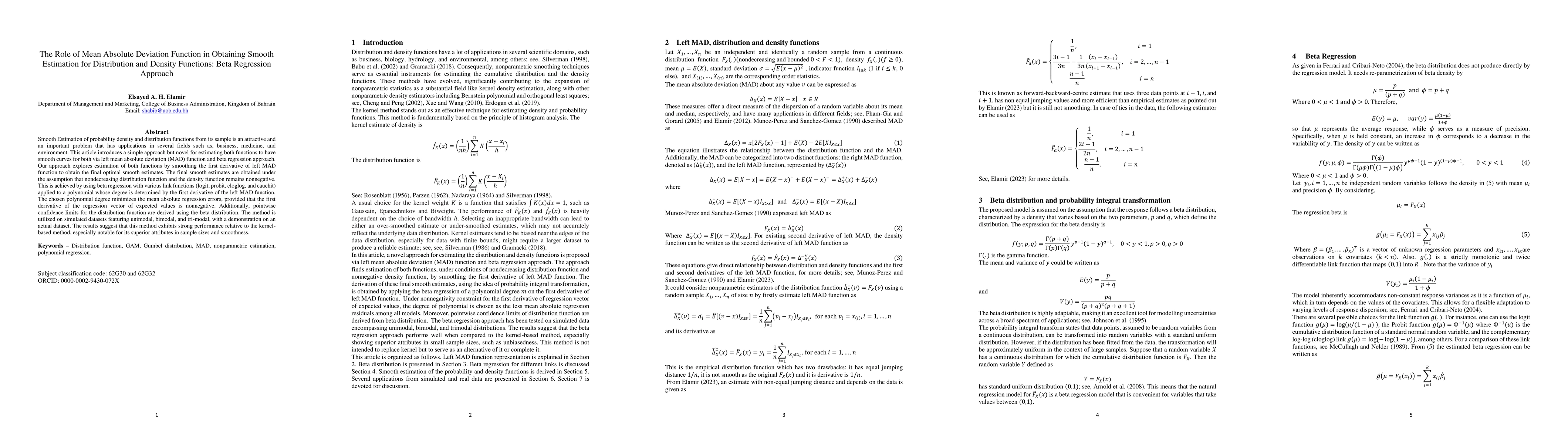 Thumbnail for The Role of Mean Absolute Deviation Function in Obtaining Smooth
  Estimation for Distribution and Density Functions: Beta Regression Approach