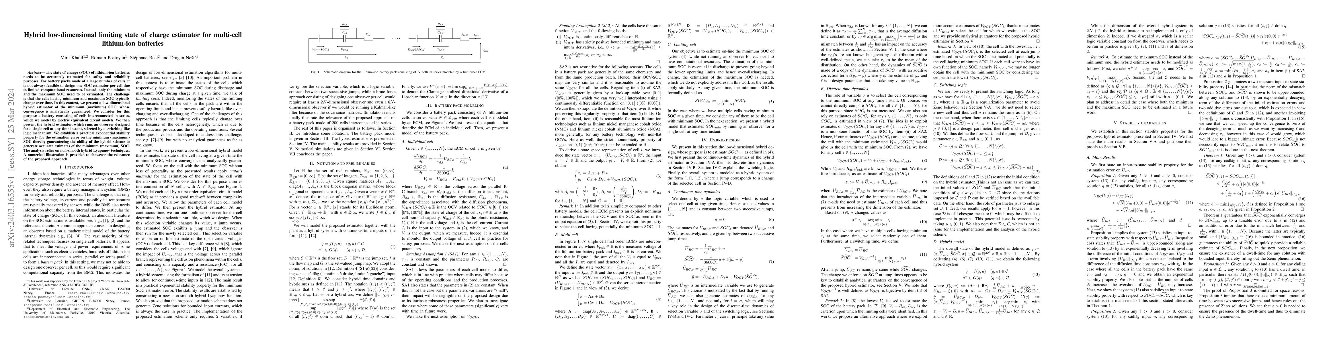 Thumbnail for Hybrid low-dimensional limiting state of charge estimator for multi-cell
  lithium-ion batteries