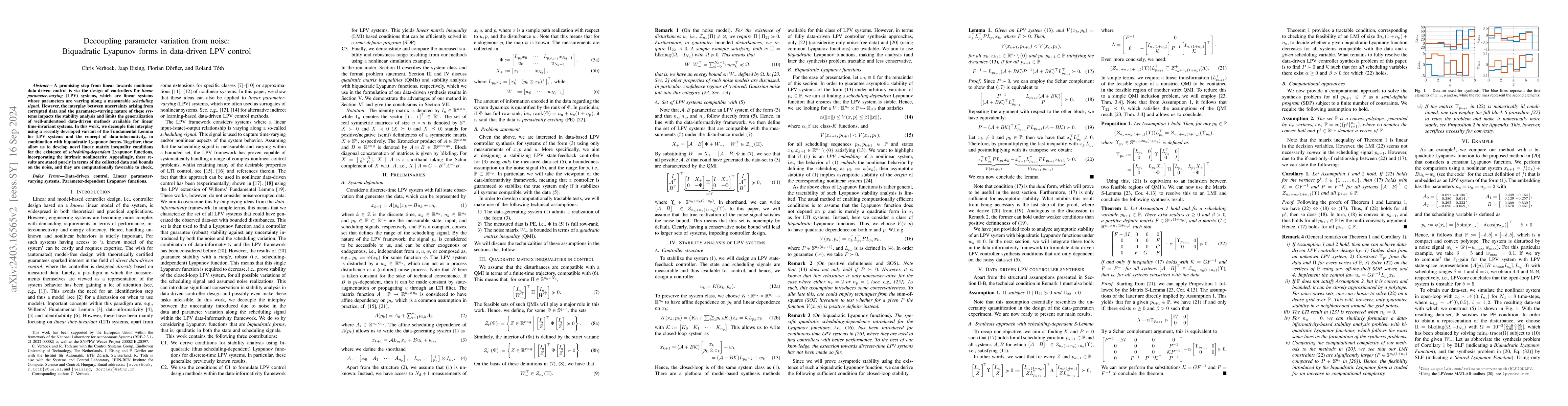 Thumbnail for Decoupling parameter variation from noise: Biquadratic Lyapunov forms in
  data-driven LPV control