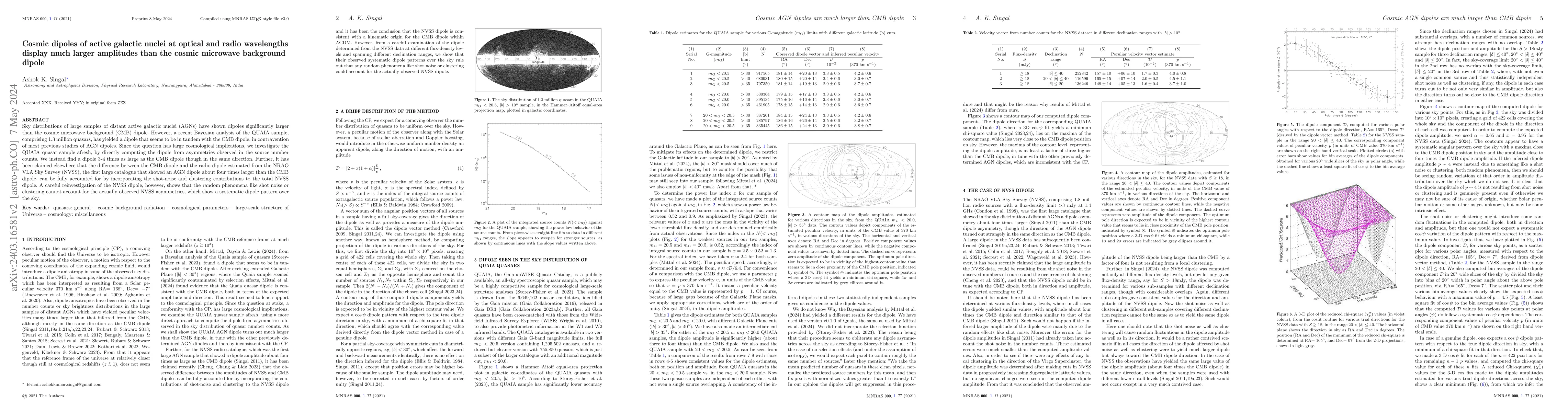 Thumbnail for Cosmic dipoles of active galactic nuclei at optical and radio
  wavelengths display much larger amplitudes than the cosmic microwave
  background dipole