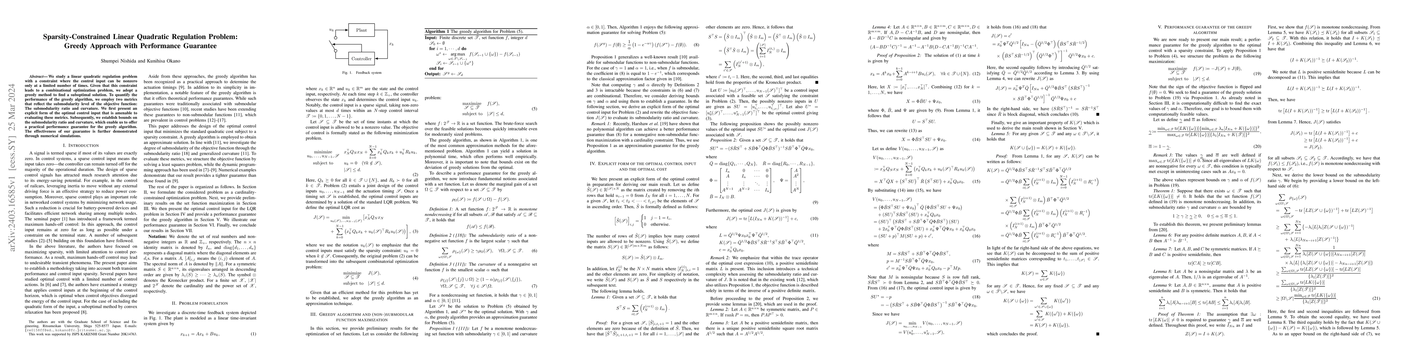 Thumbnail for Sparsity-Constrained Linear Quadratic Regulation Problem: Greedy
  Approach with Performance Guarantee