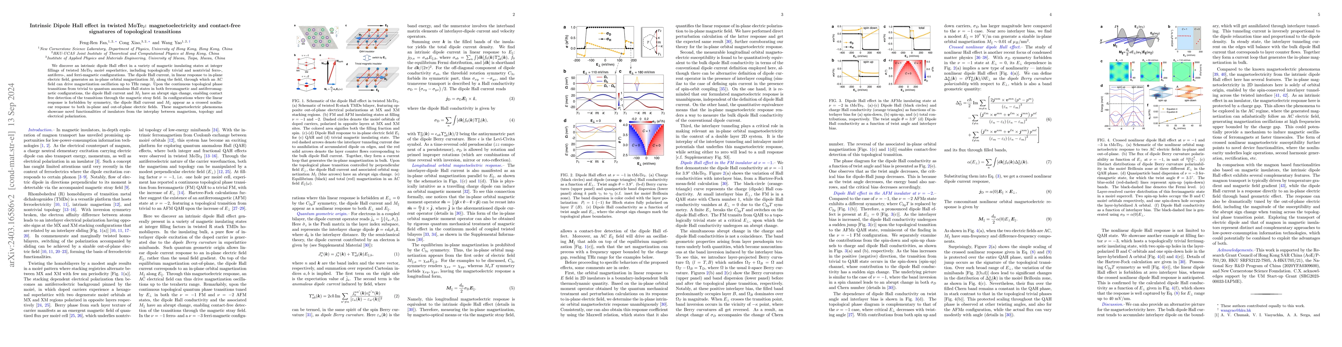 Thumbnail for Intrinsic Dipole Hall effect in tMoTe$_2$ moir\'{e}: magnetoelectricity
  and contact-free signature of topological transitions