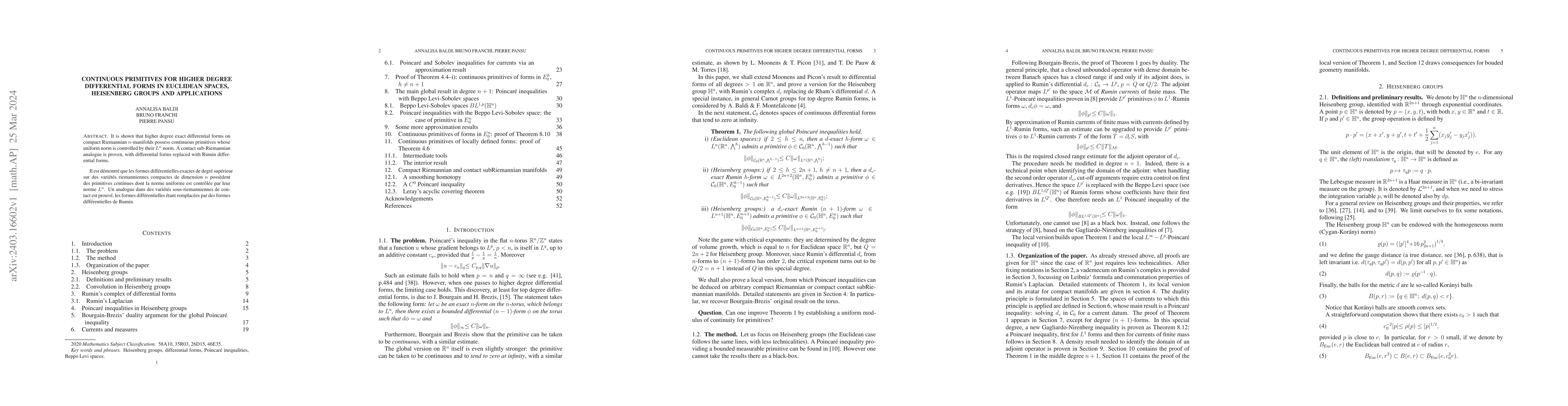 Thumbnail for Continuous primitives for higher degree differential forms in Euclidean
  spaces, Heisenberg groups and applications