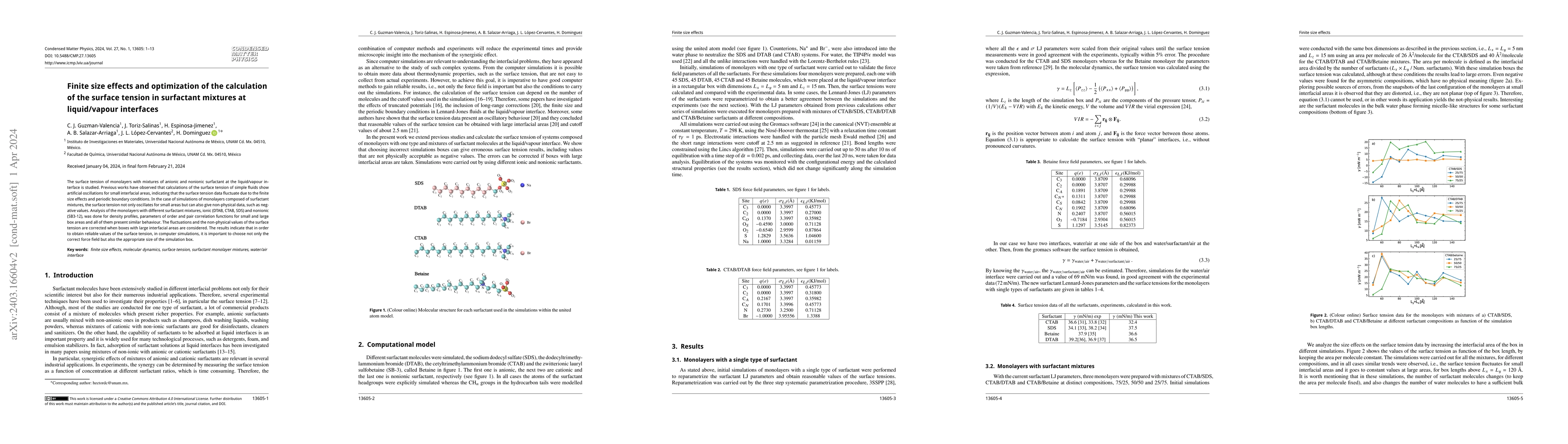 Thumbnail for Finite size effects and optimization of the calculation of the surface
  tension in surfactant mixtures at liquid/vapour interfaces