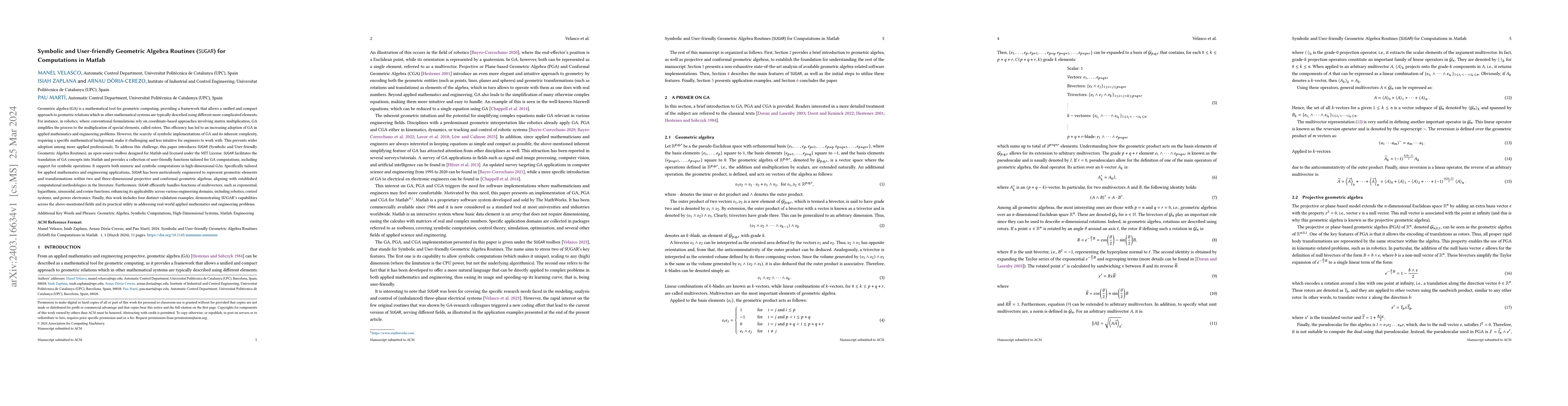 Thumbnail for Symbolic and User-friendly Geometric Algebra Routines (SUGAR) for
  Computations in Matlab