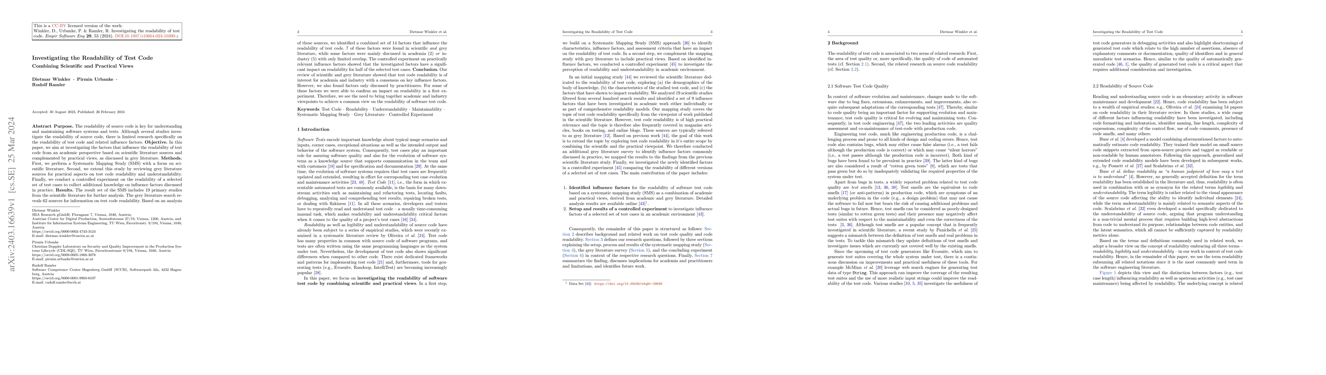 Thumbnail for Investigating the Readability of Test Code: Combining Scientific and
  Practical Views