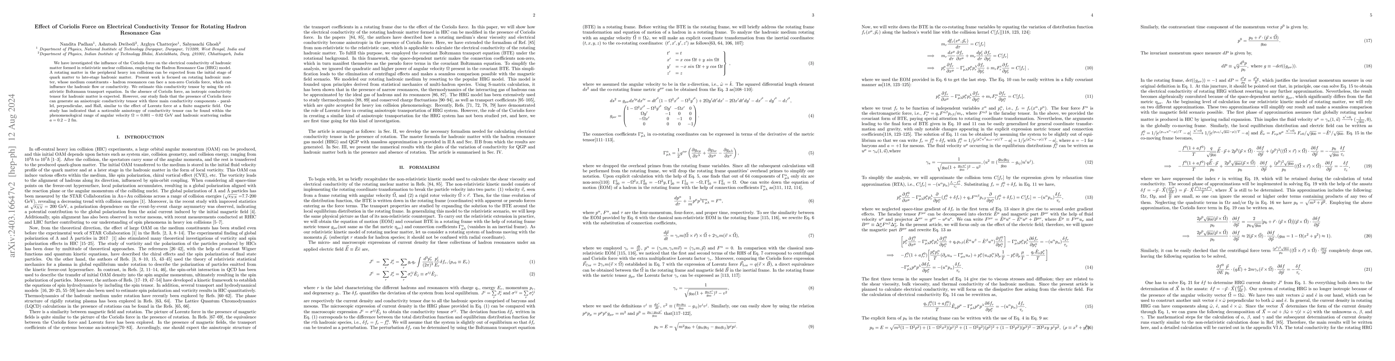 Thumbnail for Effect of Coriolis Force on Electrical Conductivity Tensor for Rotating
  Hadron Resonance Gas