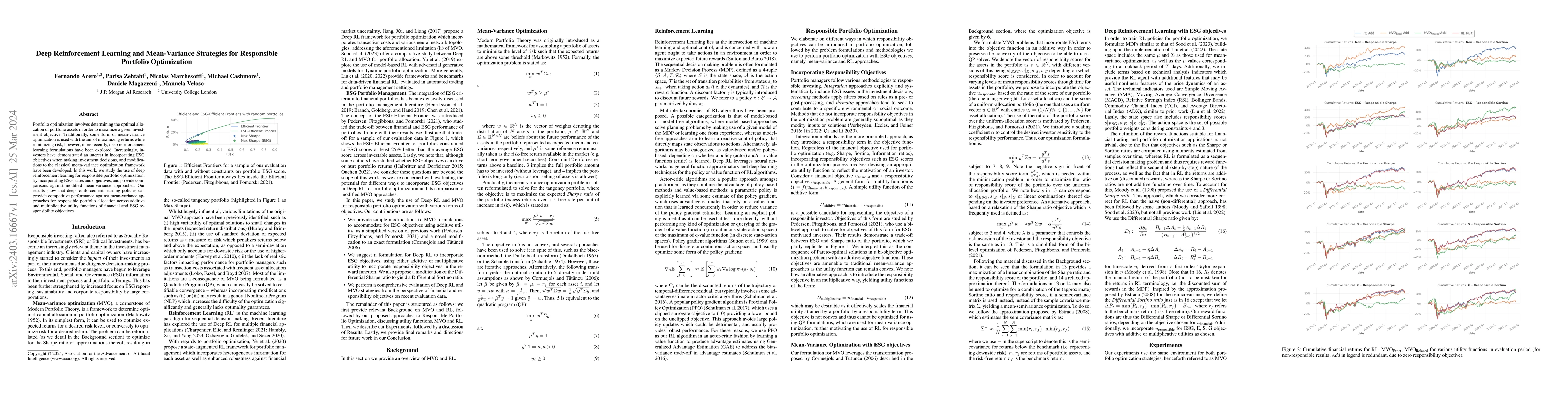 Thumbnail for Deep Reinforcement Learning and Mean-Variance Strategies for Responsible
  Portfolio Optimization