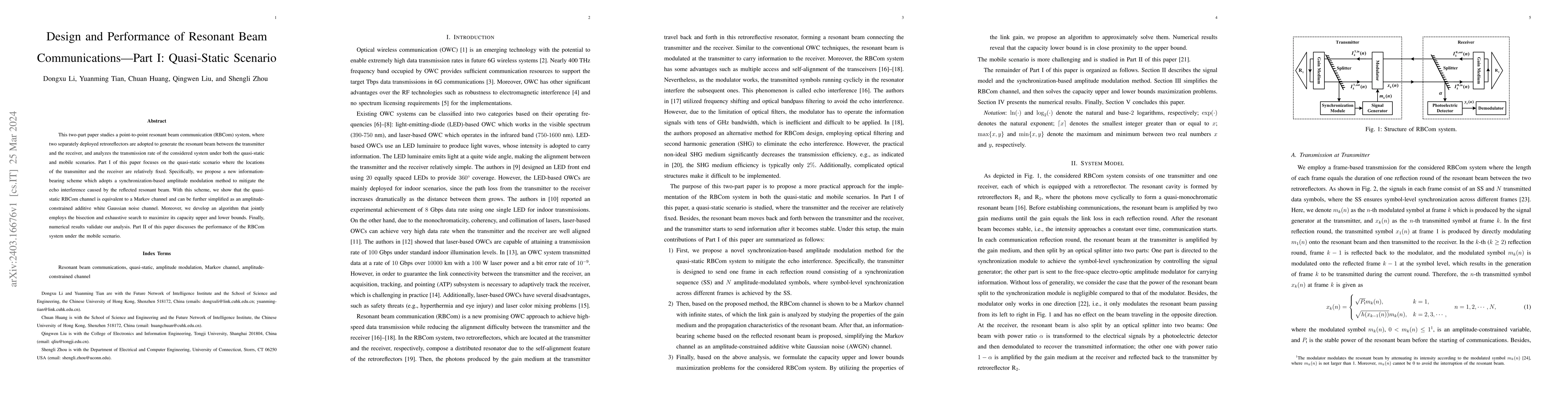Thumbnail for Design and Performance of Resonant Beam Communications -- Part I:
  Quasi-Static Scenario