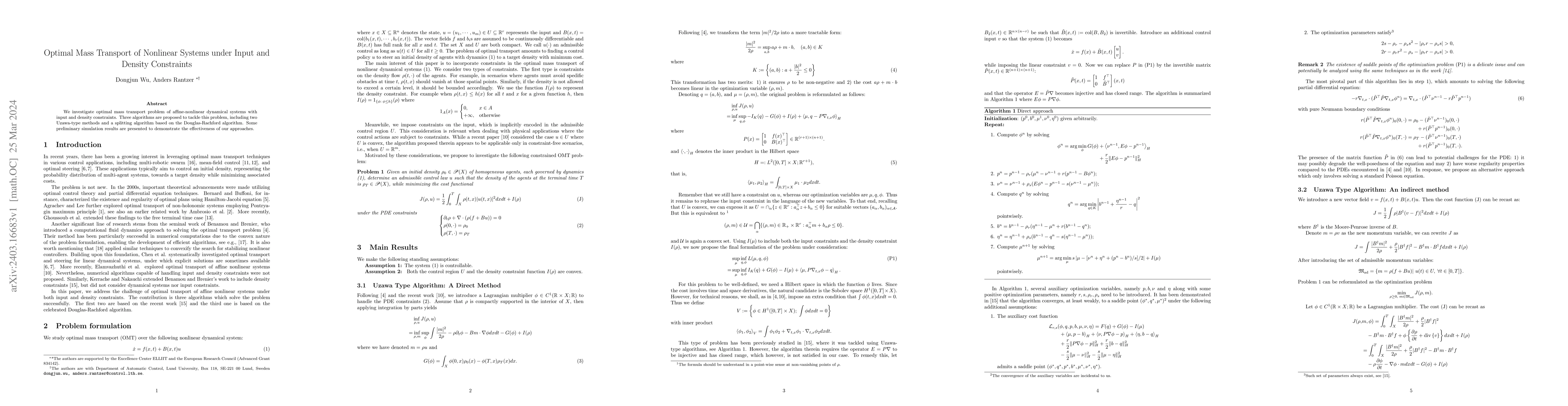 Thumbnail for Optimal Mass Transport of Nonlinear Systems under Input and Density
  Constraints