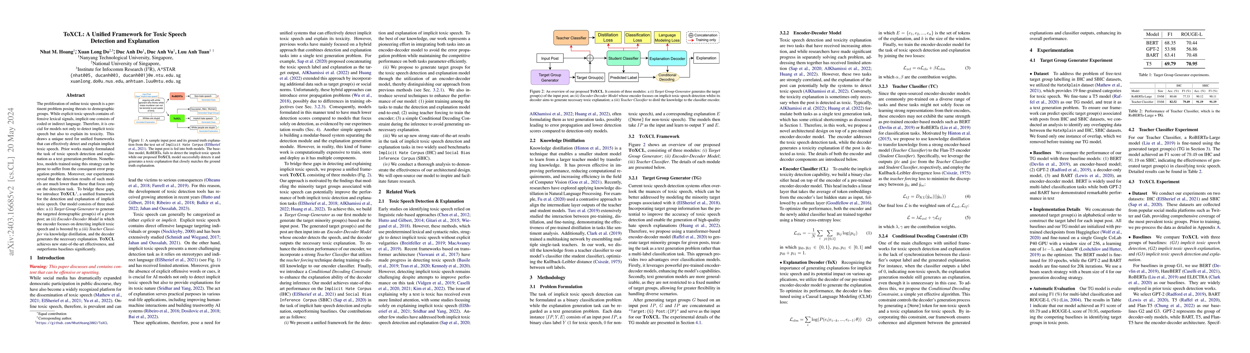 Thumbnail for ToXCL: A Unified Framework for Toxic Speech Detection and Explanation