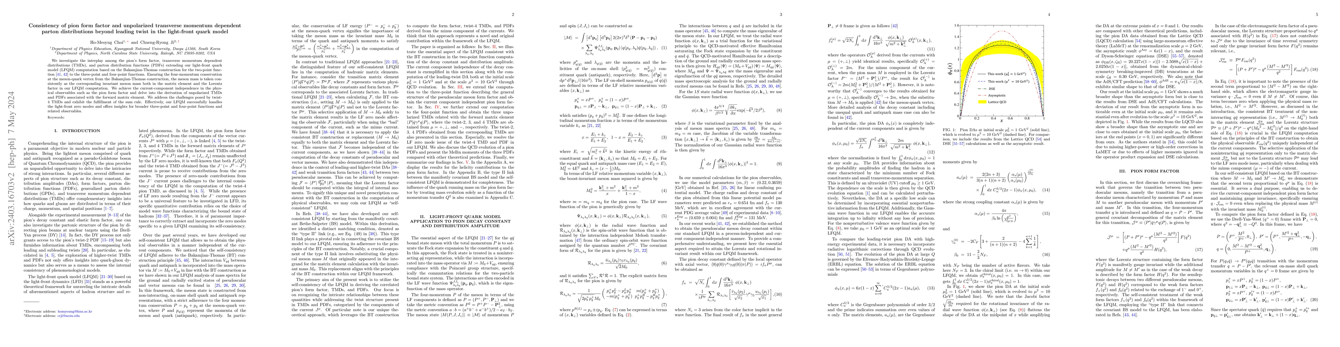 Thumbnail for Consistency of pion form factor and unpolarized transverse momentum
  dependent parton distributions beyond leading twist in the light-front quark
  model