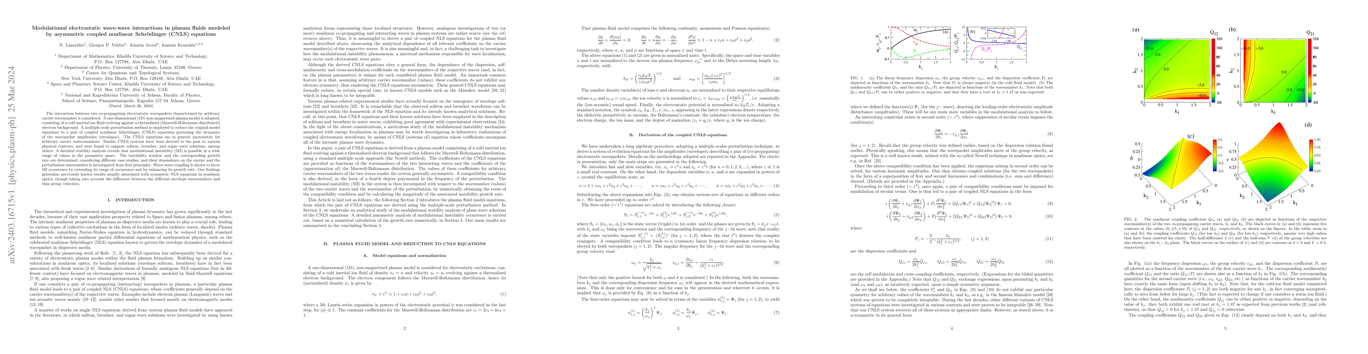 Thumbnail for Modulational electrostatic wave-wave interactions in plasma fluids
  modeled by asymmetric coupled nonlinear Schr\"odinger (CNLS) equations