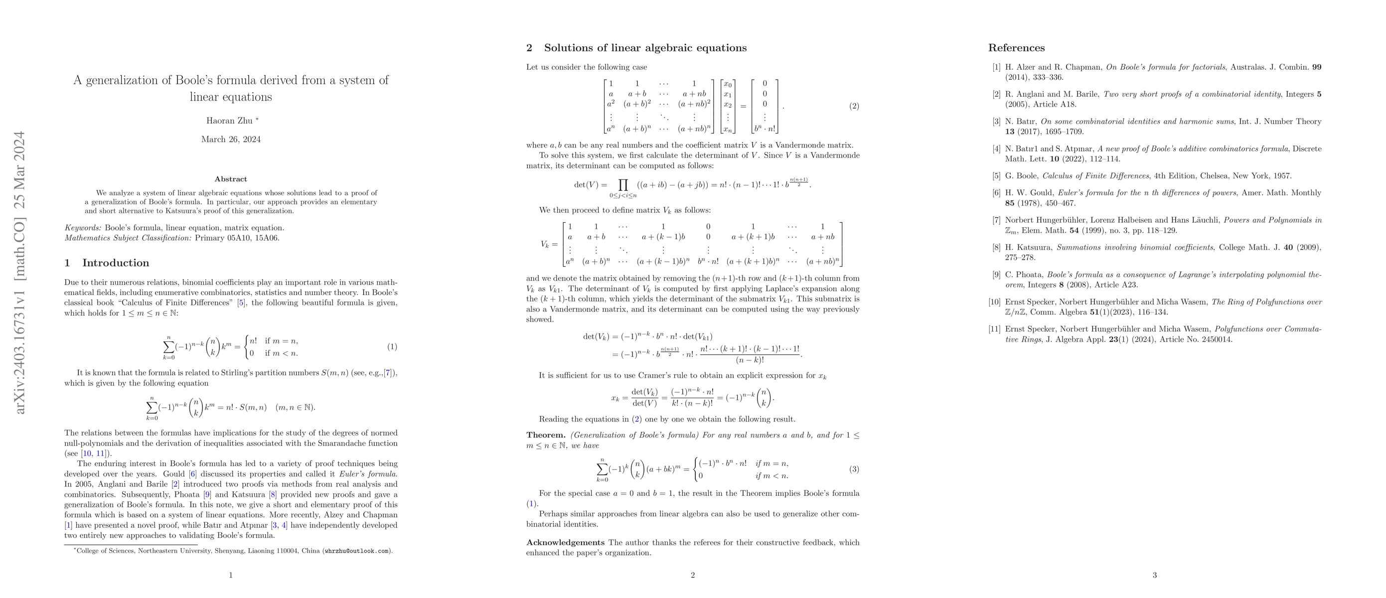 Thumbnail for A generalization of Boole's formula derived from a system of linear
  equations