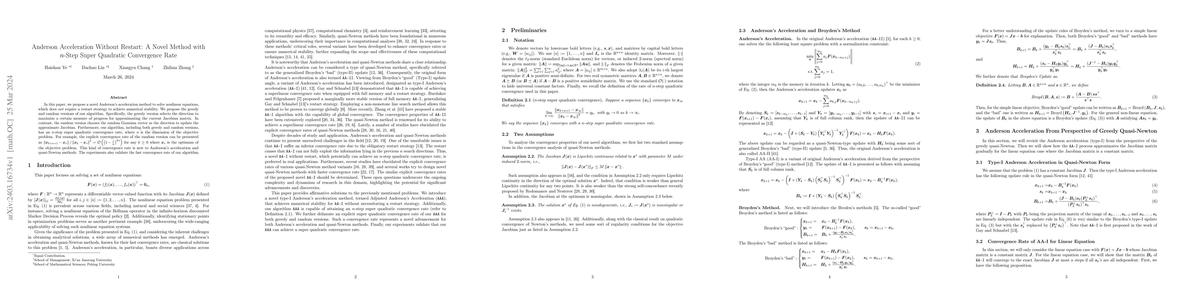 Thumbnail for Anderson Acceleration Without Restart: A Novel Method with $n$-Step
  Super Quadratic Convergence Rate