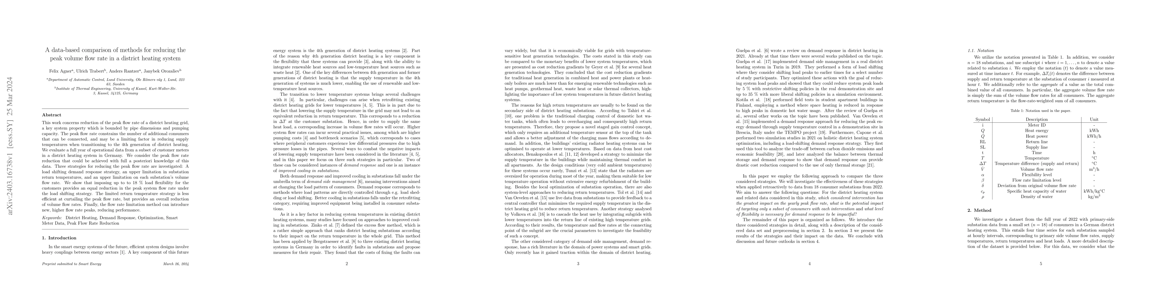 Thumbnail for A data-based comparison of methods for reducing the peak volume flow
  rate in a district heating system