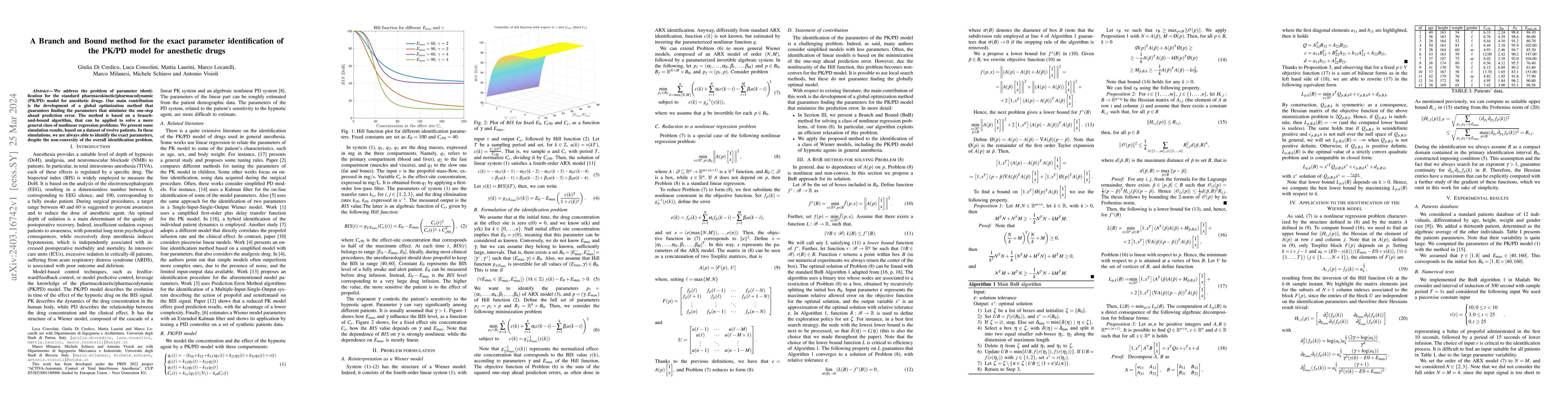 Thumbnail for A Branch and Bound method for the exact parameter identification of the
  PK/PD model for anesthetic drugs