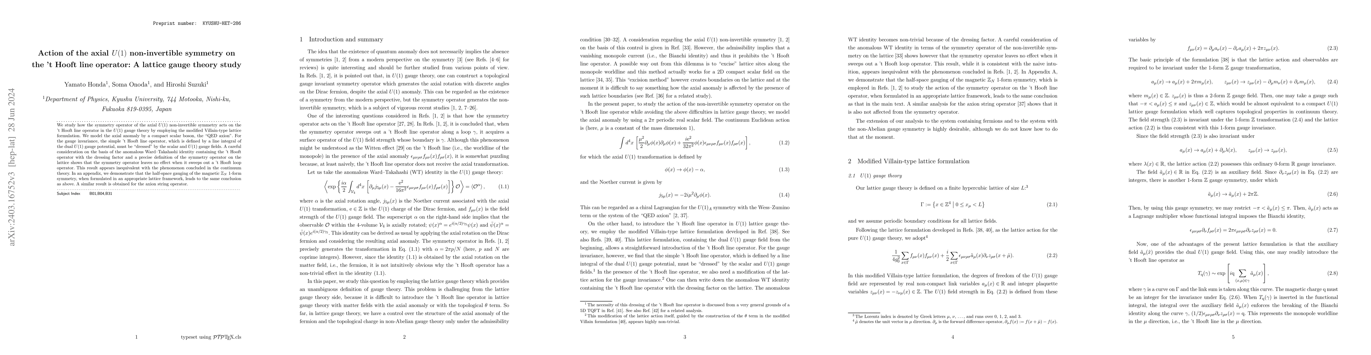 Thumbnail for Action of the axial $U(1)$ non-invertible symmetry on the 't~Hooft line
  operator: A lattice gauge theory study