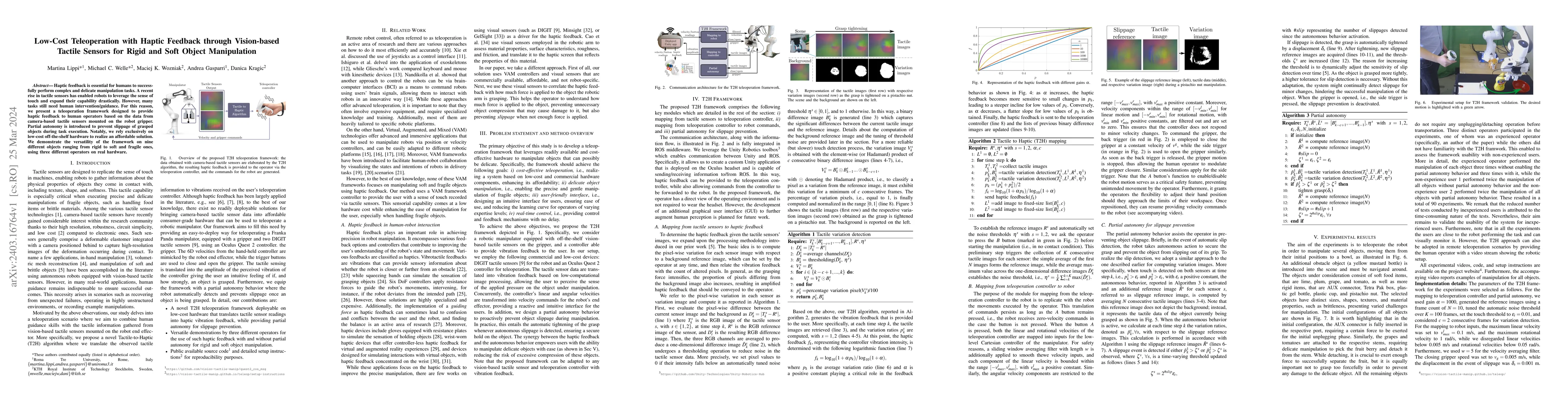 Thumbnail for Low-Cost Teleoperation with Haptic Feedback through Vision-based Tactile
  Sensors for Rigid and Soft Object Manipulation
