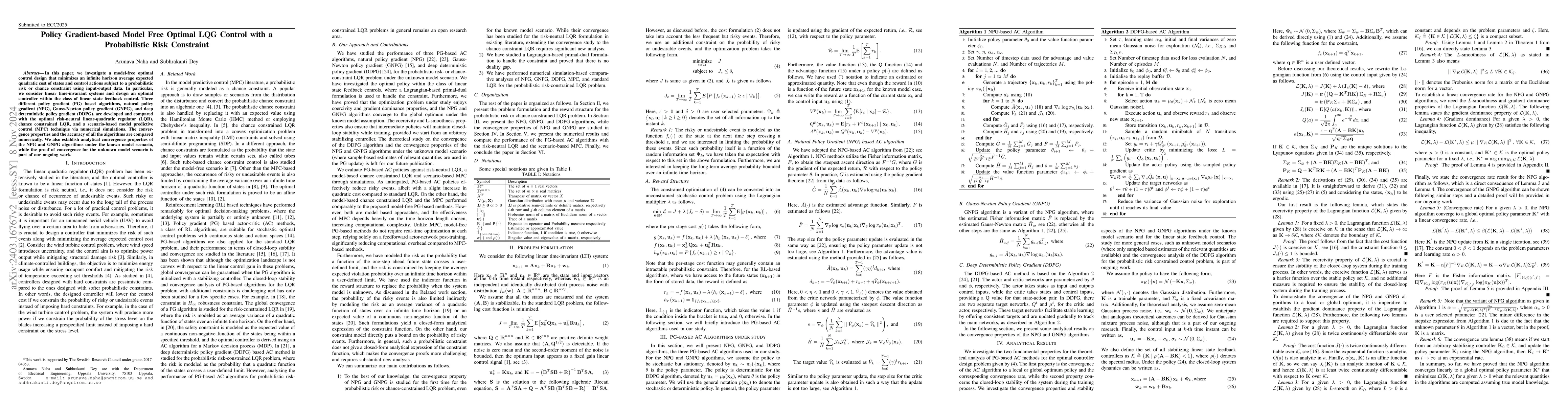 Thumbnail for Policy Gradient-based Model Free Optimal LQG Control with a
  Probabilistic Risk Constraint