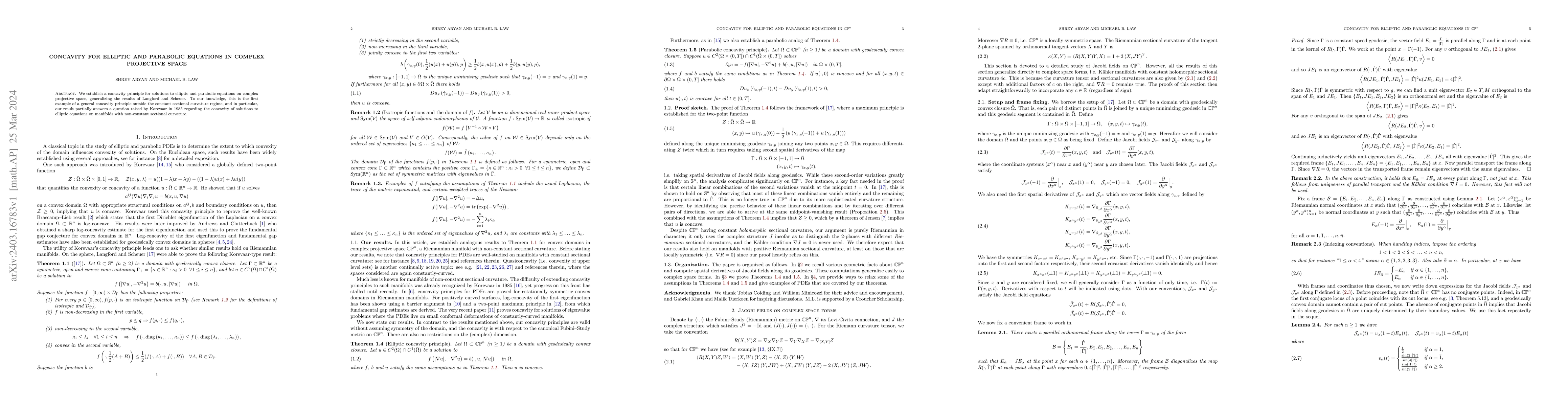 Thumbnail for Concavity for elliptic and parabolic equations in complex projective
  space