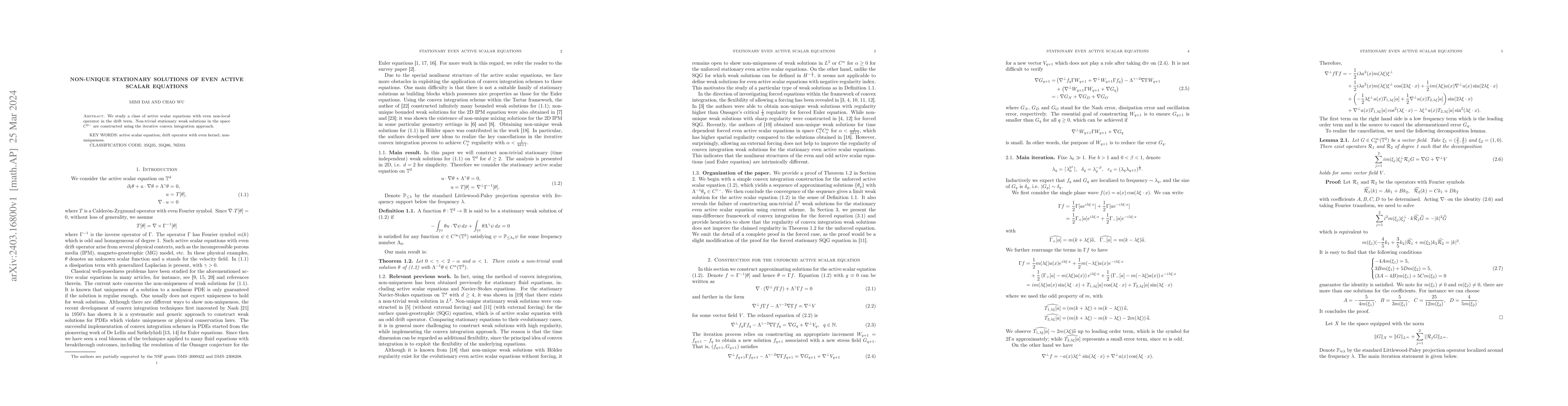 Thumbnail for Non-unique stationary solutions of even active scalar equations