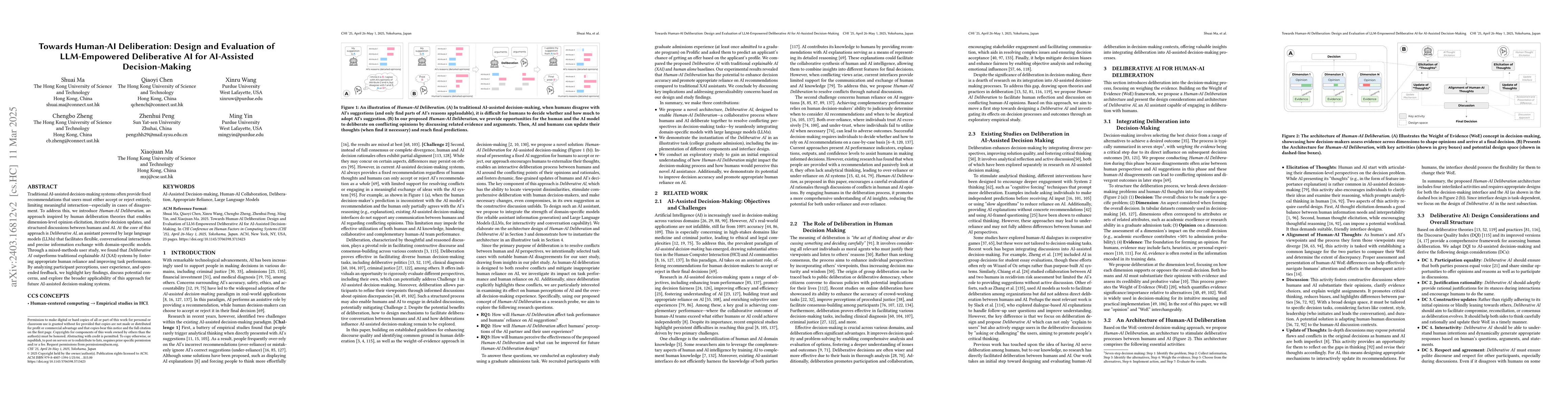 Thumbnail for Towards Human-AI Deliberation: Design and Evaluation of LLM-Empowered
  Deliberative AI for AI-Assisted Decision-Making