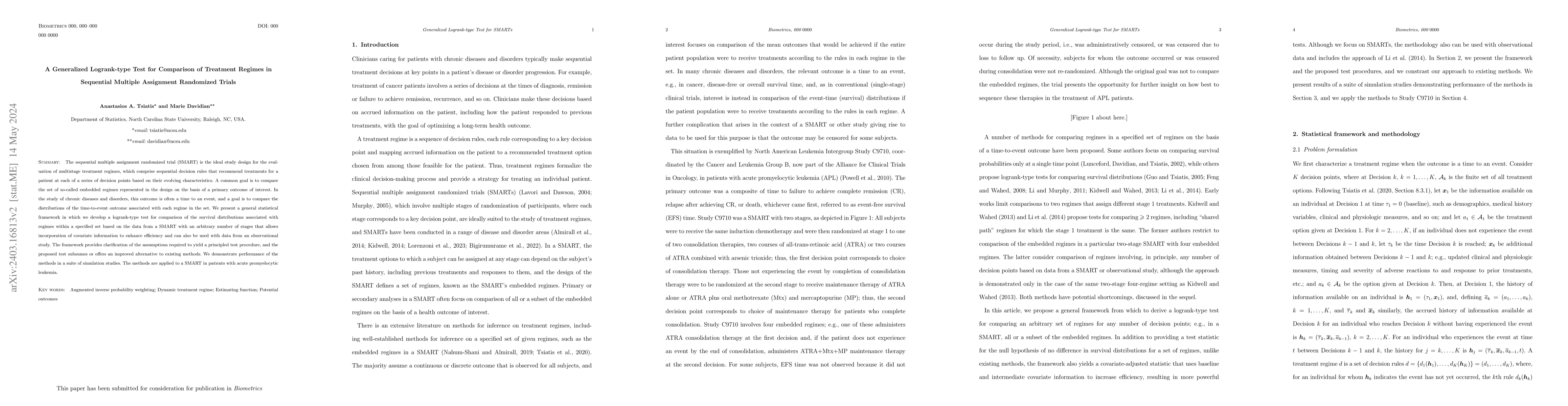 Thumbnail for A Generalized Logrank-type Test for Comparison of Treatment Regimes in
  Sequential Multiple Assignment Randomized Trials