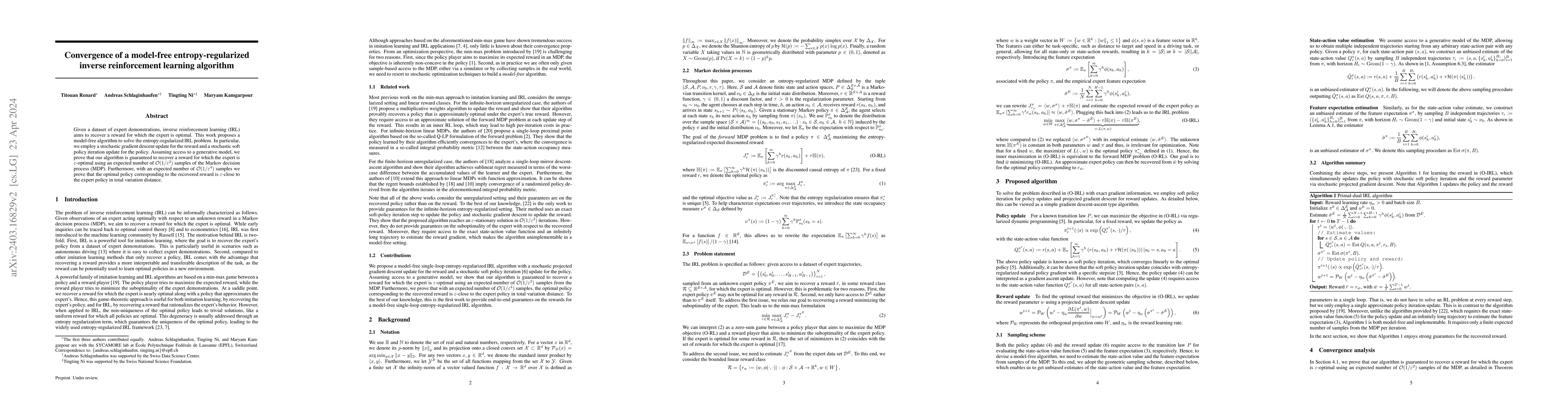 Thumbnail for Convergence of a model-free entropy-regularized inverse reinforcement
  learning algorithm