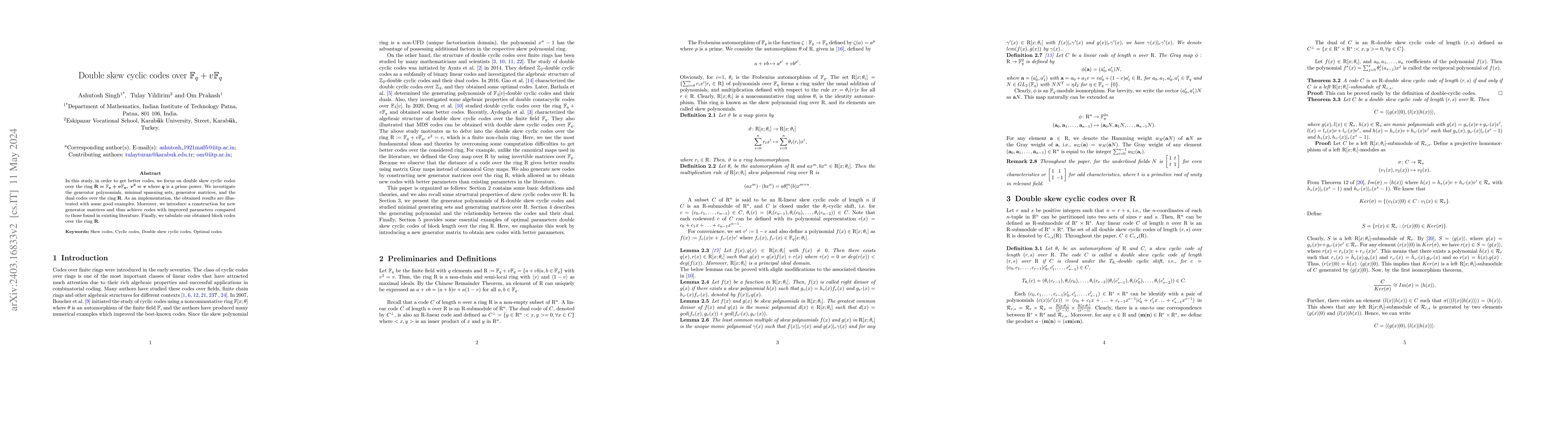 Thumbnail for Double skew cyclic codes over $\mathbb{F}_q+v\mathbb{F}_q$