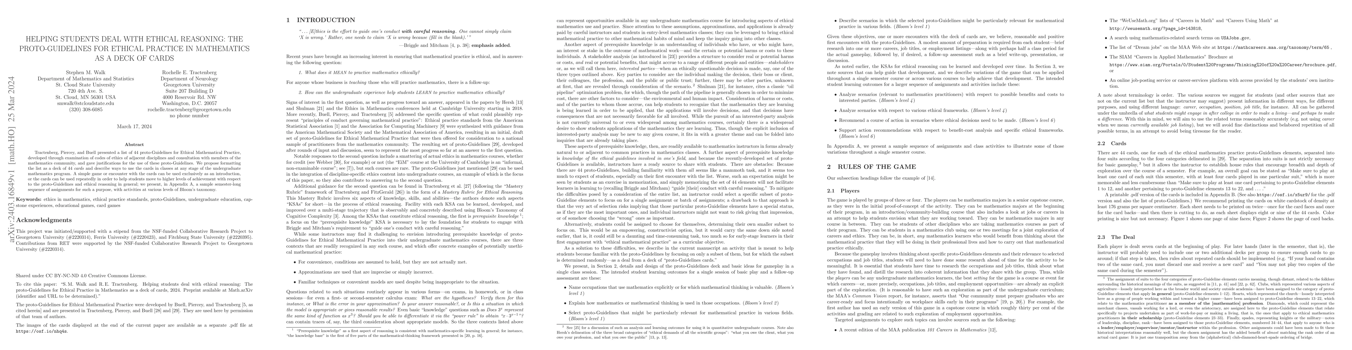 Thumbnail for Helping students deal with Ethical Reasoning: The Proto-Guidelines for
  Ethical Practice in Mathematics as a deck of cards