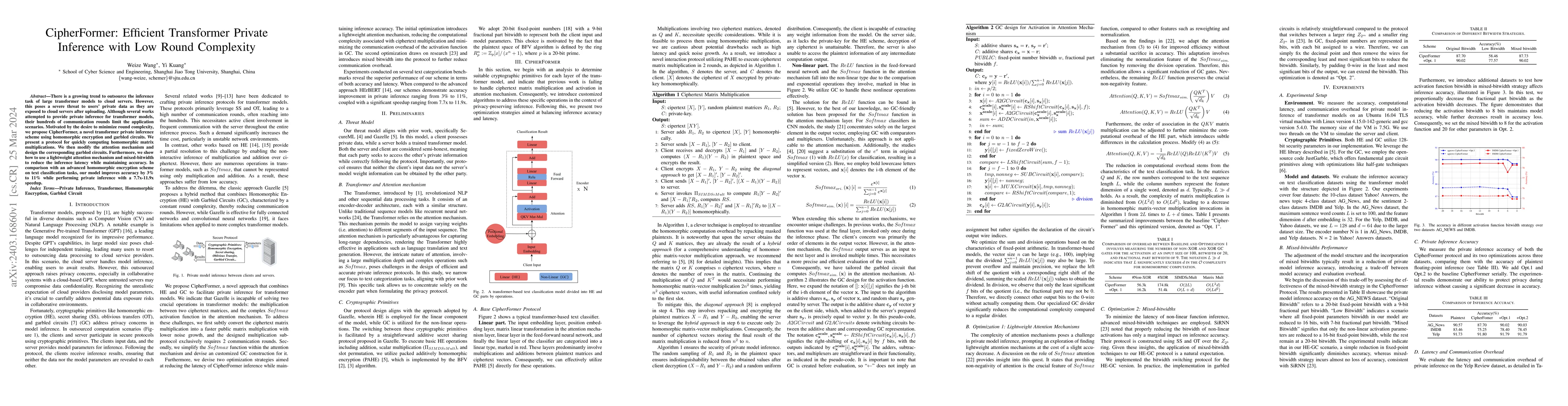 Thumbnail for CipherFormer: Efficient Transformer Private Inference with Low Round
  Complexity