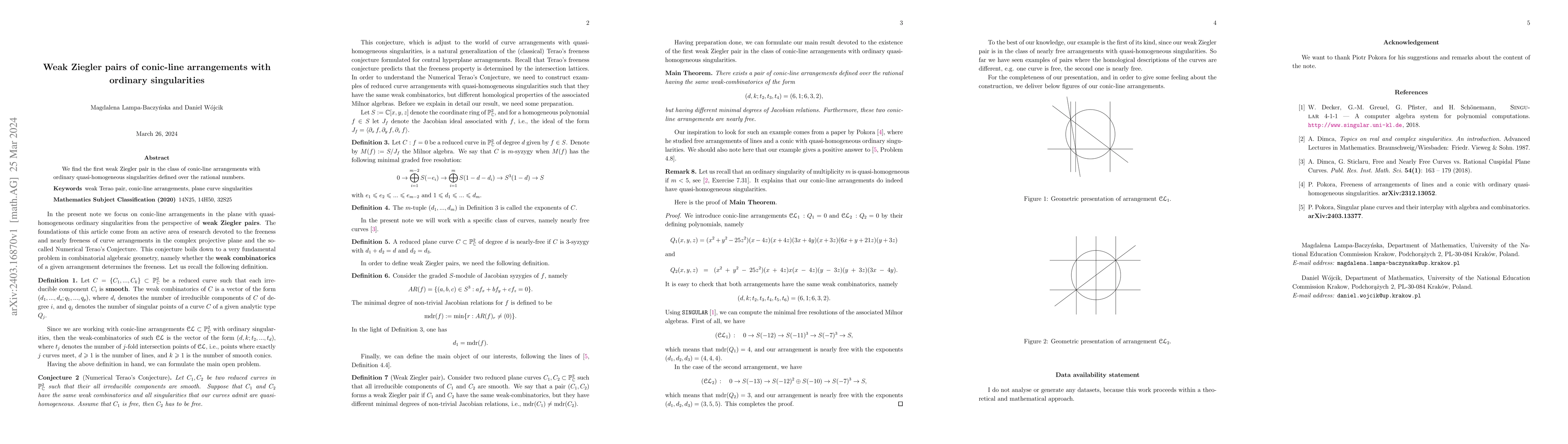 Thumbnail for Weak Ziegler pairs of conic-line arrangements with ordinary
  singularities