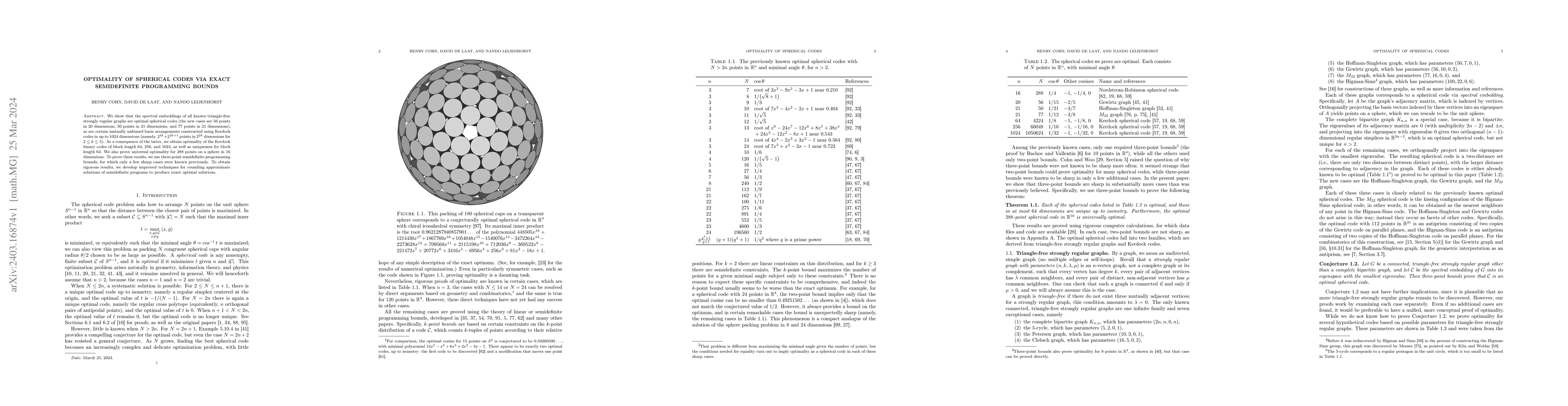 Thumbnail for Optimality of spherical codes via exact semidefinite programming bounds