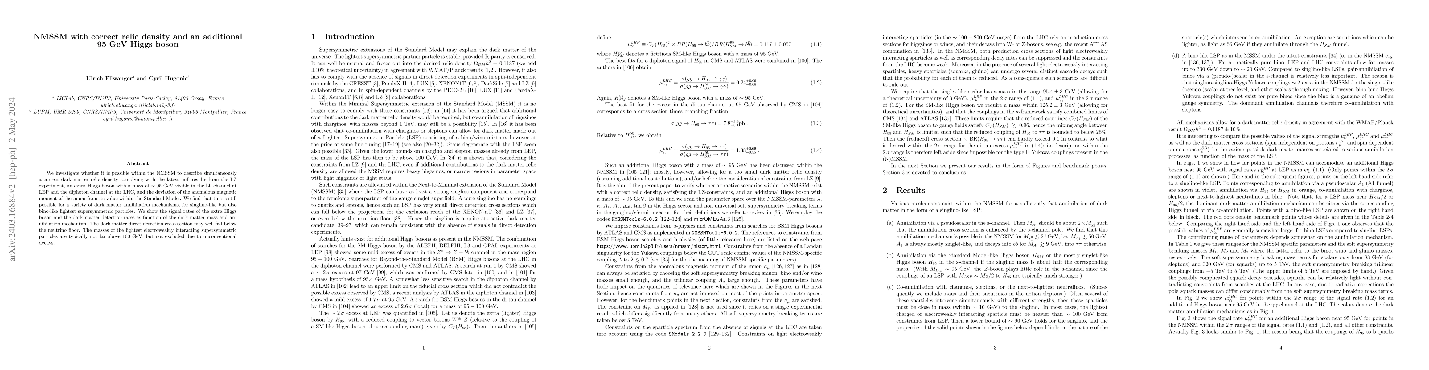 Thumbnail for NMSSM with correct relic density and an additional 95 GeV Higgs boson