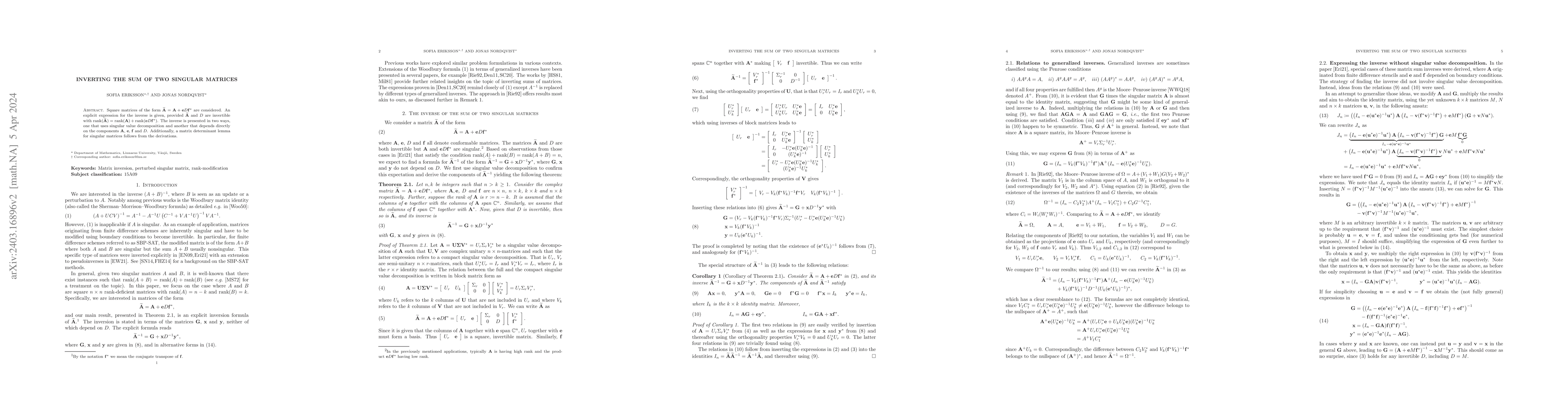 Thumbnail for Inverting the sum of two singular matrices