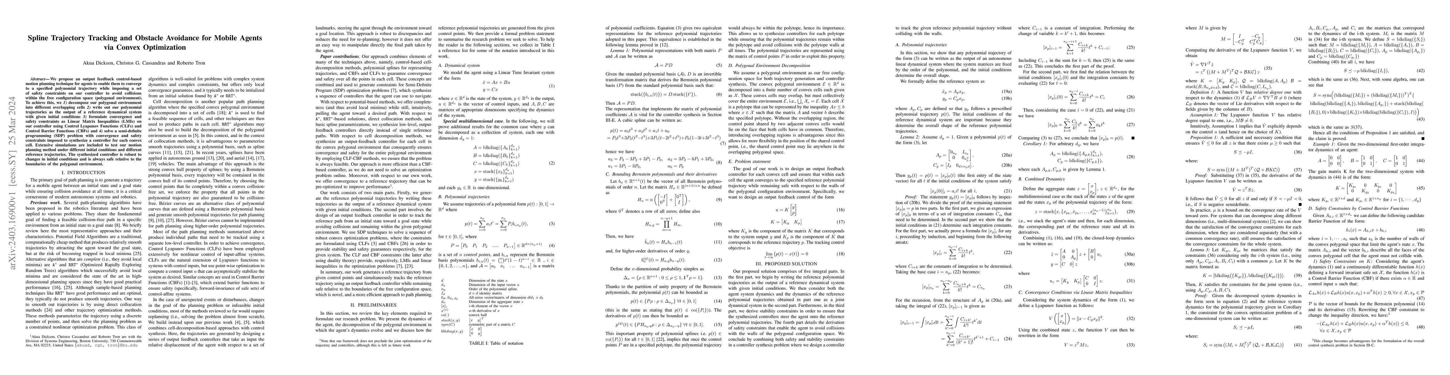 Thumbnail for Spline Trajectory Tracking and Obstacle Avoidance for Mobile Agents via
  Convex Optimization