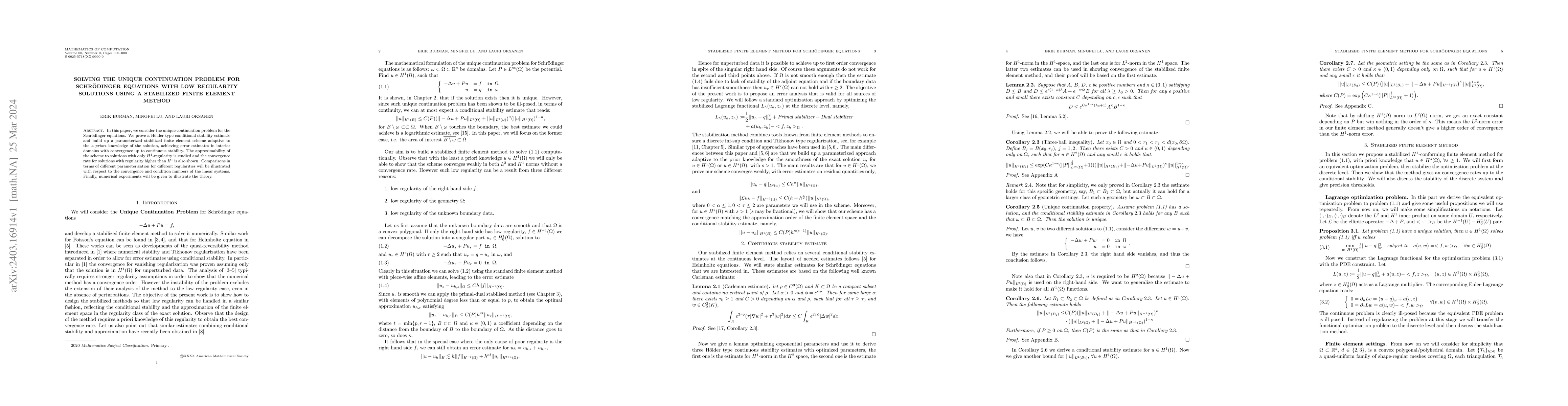 Thumbnail for Solving the unique continuation problem for Schr\"odinger equations with
  low regularity solutions using a stabilized finite element method
