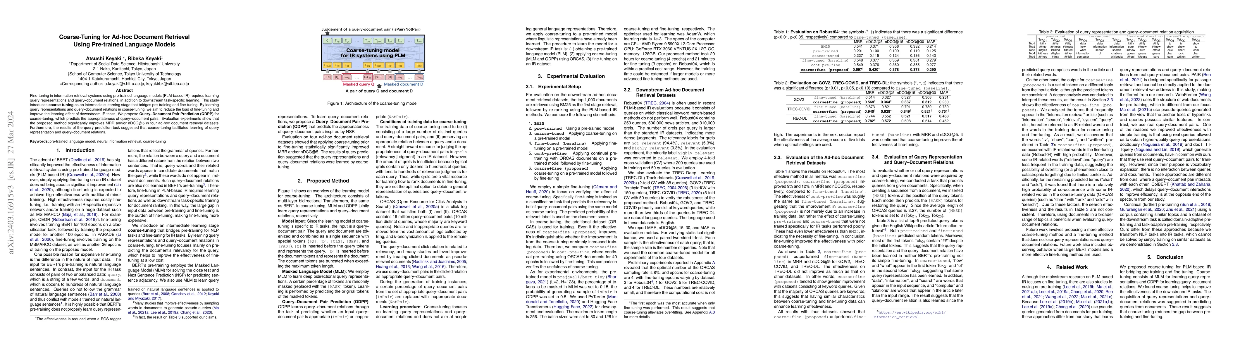 Thumbnail for Coarse-Tuning for Ad-hoc Document Retrieval Using Pre-trained Language
  Models