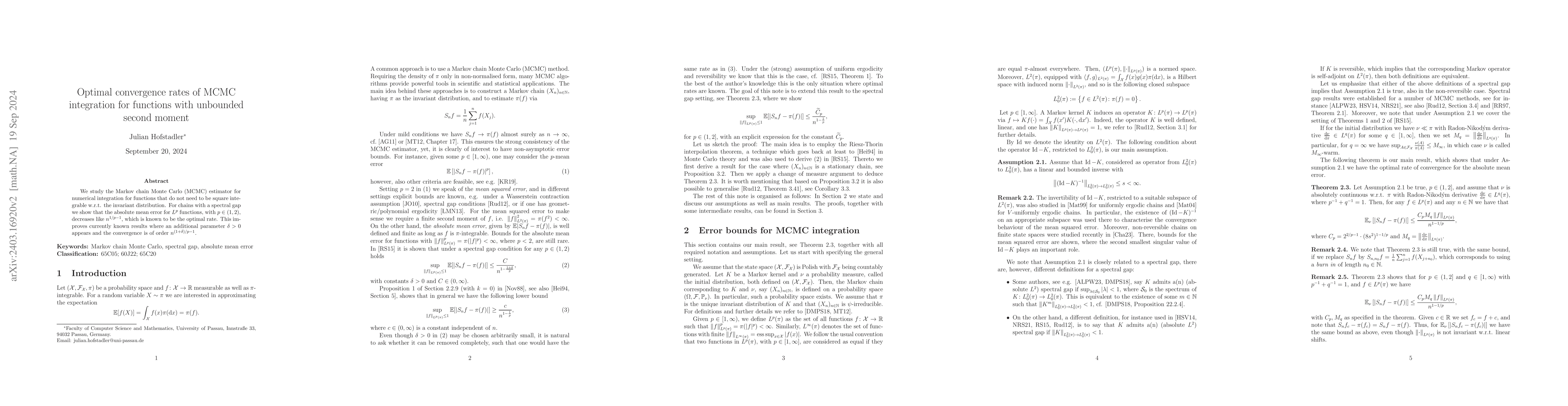 Thumbnail for On the optimality of MCMC integration for functions with unbounded
  second moment