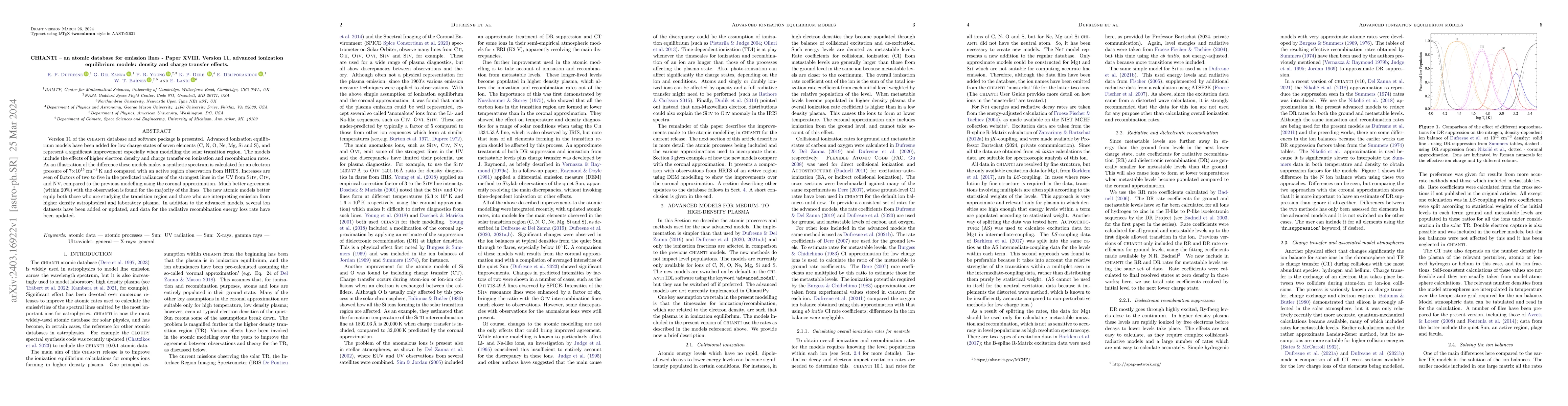 Thumbnail for CHIANTI -- an atomic database for emission lines -- Paper XVIII. Version
  11, advanced ionization equilibrium models: density and charge transfer
  effects