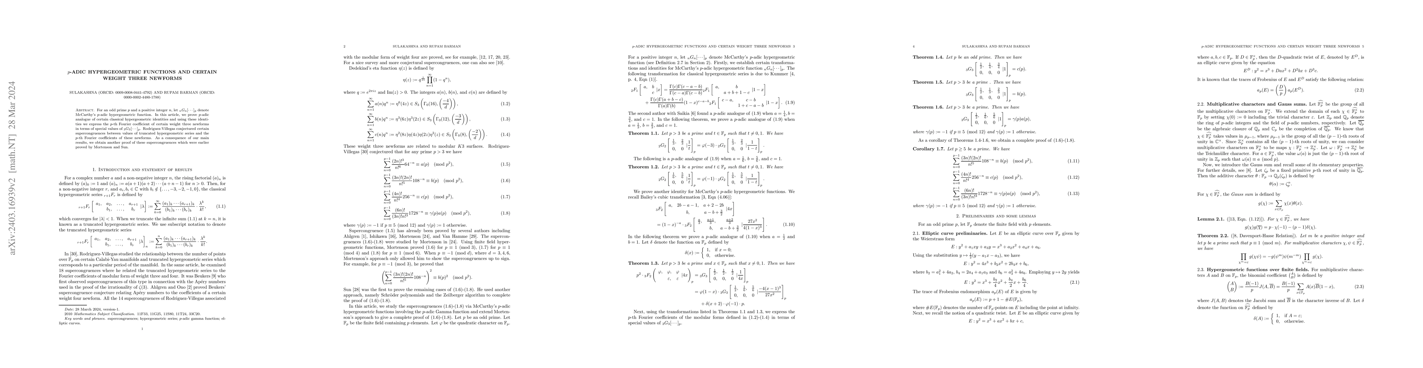 Thumbnail for $p$-Adic hypergeometric functions and certain weight three newforms