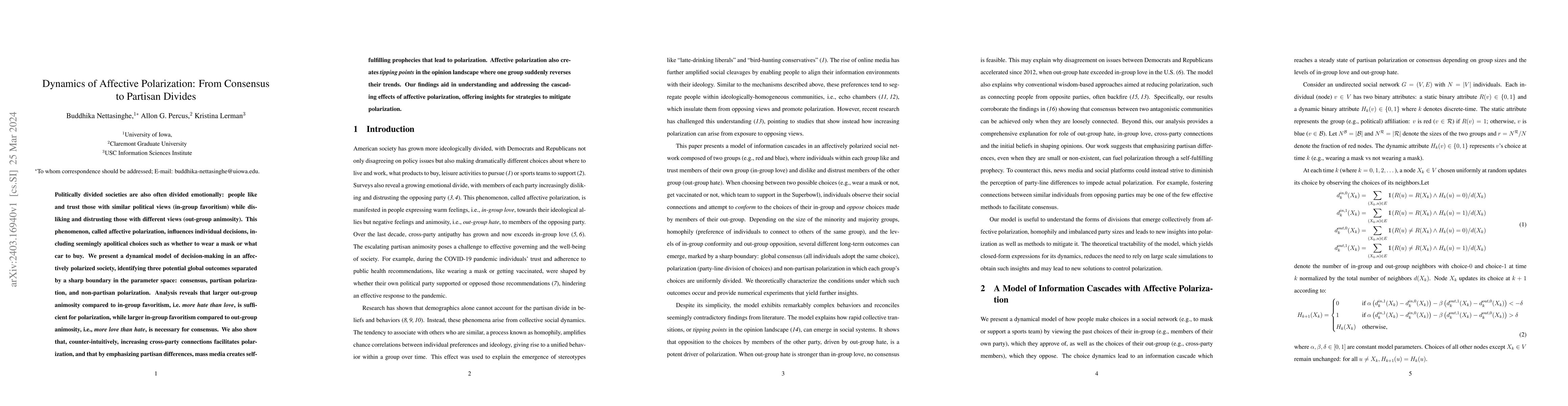 Thumbnail for Dynamics of Affective Polarization: From Consensus to Partisan Divides