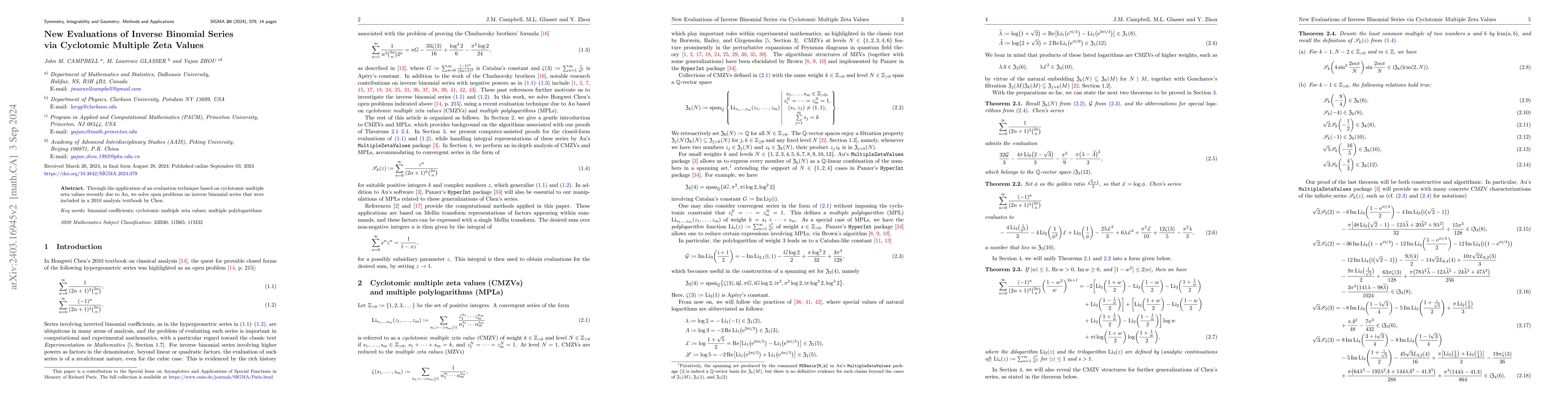 Thumbnail for New evaluations of inverse binomial series via cyclotomic multiple zeta
  values