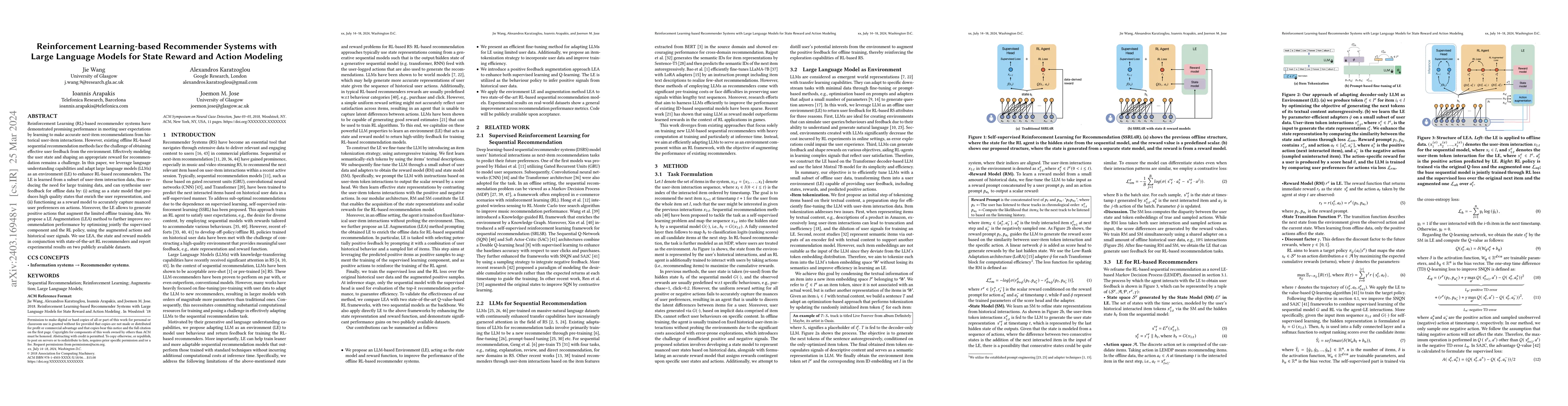 Thumbnail for Reinforcement Learning-based Recommender Systems with Large Language
  Models for State Reward and Action Modeling